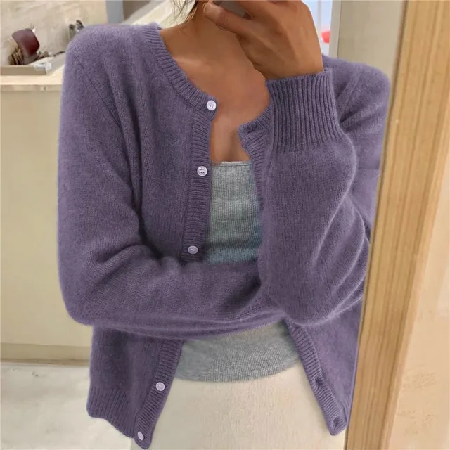Silvia Soft Knit Cardigan – Round Neck Ribbed Trim Relaxed Fit Sweater