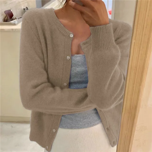 Silvia Soft Knit Cardigan – Round Neck Ribbed Trim Relaxed Fit Sweater