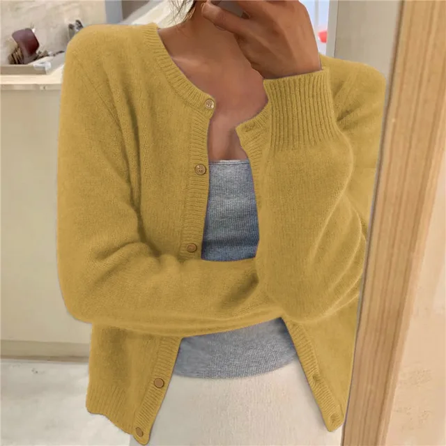 Silvia Soft Knit Cardigan – Round Neck Ribbed Trim Relaxed Fit Sweater
