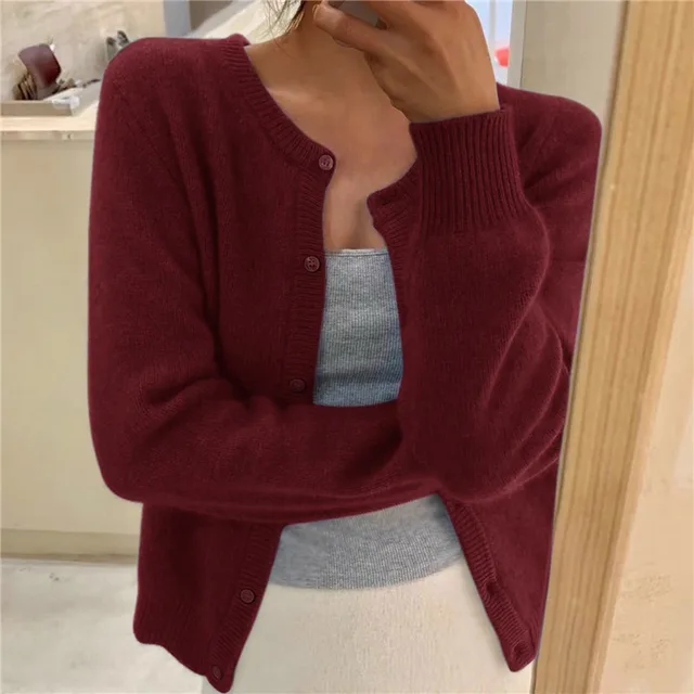 Silvia Soft Knit Cardigan – Round Neck Ribbed Trim Relaxed Fit Sweater