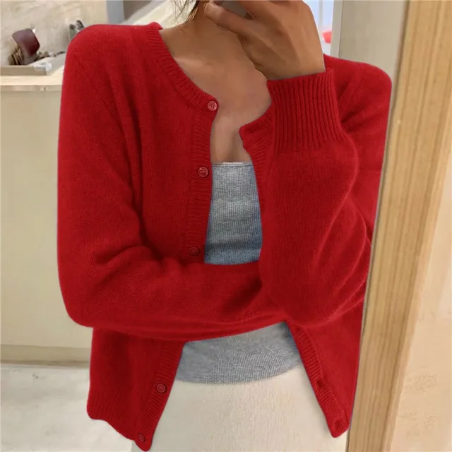 Silvia Soft Knit Cardigan – Round Neck Ribbed Trim Relaxed Fit Sweater