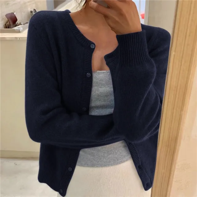 Silvia Soft Knit Cardigan – Round Neck Ribbed Trim Relaxed Fit Sweater