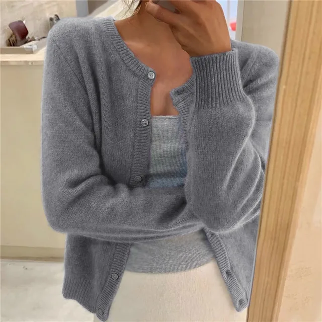 Silvia Soft Knit Cardigan – Round Neck Ribbed Trim Relaxed Fit Sweater