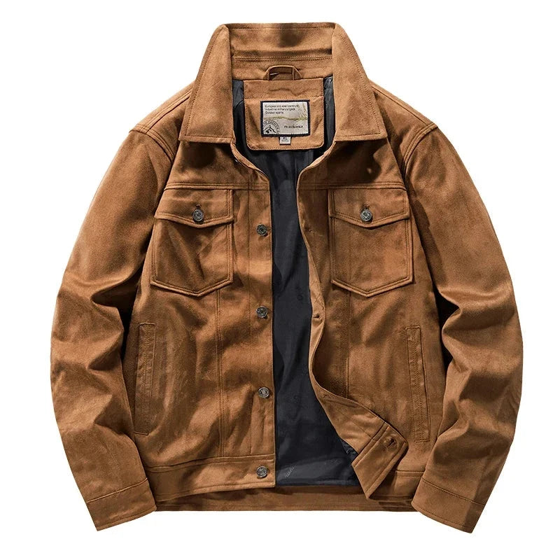 A brown soft suede jacket with a relaxed fit, chest pockets, and side pockets, shown from the front