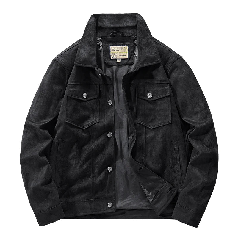 A black soft suede jacket with a relaxed fit, chest pockets, and side pockets, shown from the front