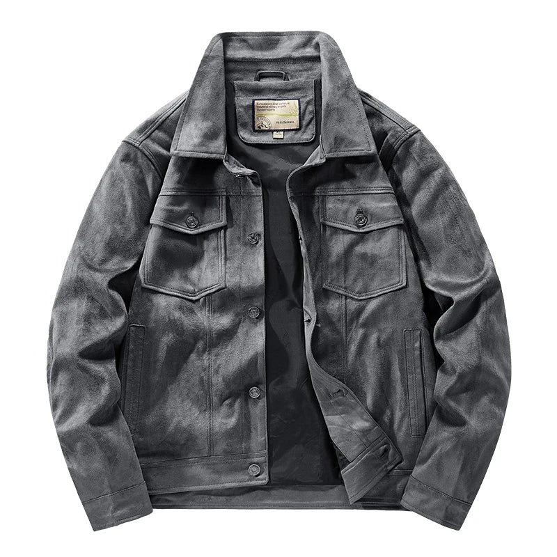 A gray soft suede jacket with a relaxed fit, chest pockets, and side pockets, shown from the front