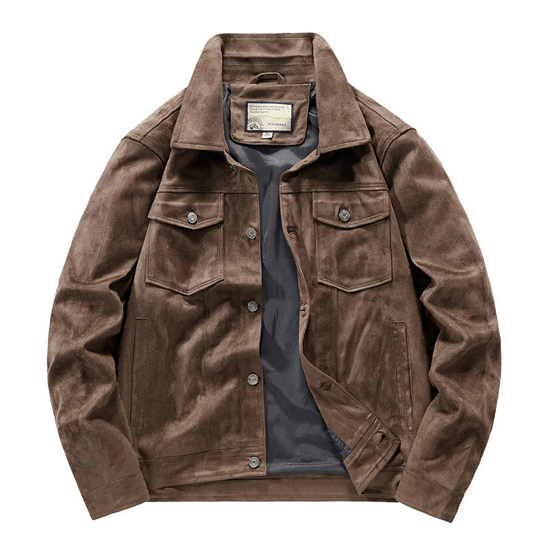 A dark brown soft suede jacket with a relaxed fit, chest pockets, and side pockets, shown open from the front