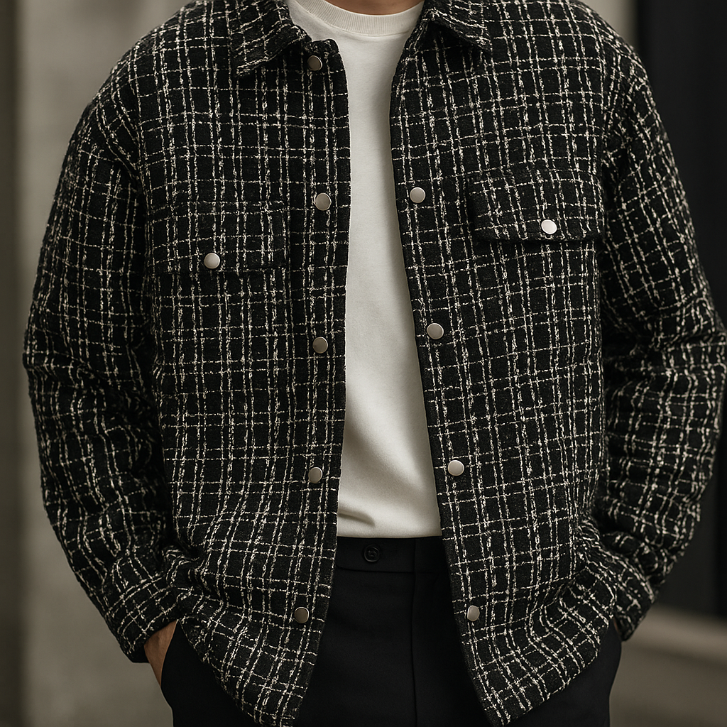 Man wearing a black plaid overshirt jacket featuring a button-front closure, chest flap pockets, and a relaxed silhouette over a white T-shirt.