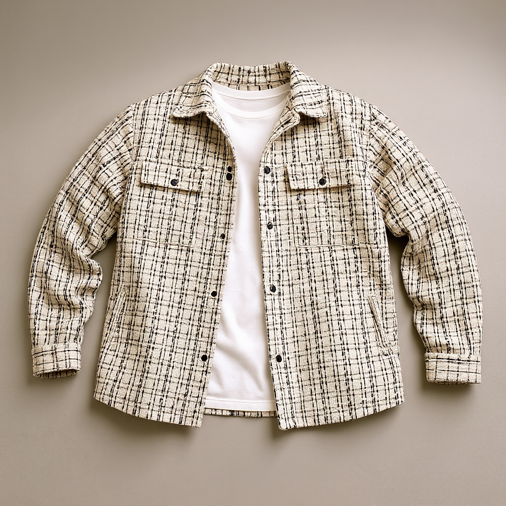 Men's beige plaid overshirt jacket with a button-front closure, classic collar, dual chest flap pockets, and textured woven fabric.