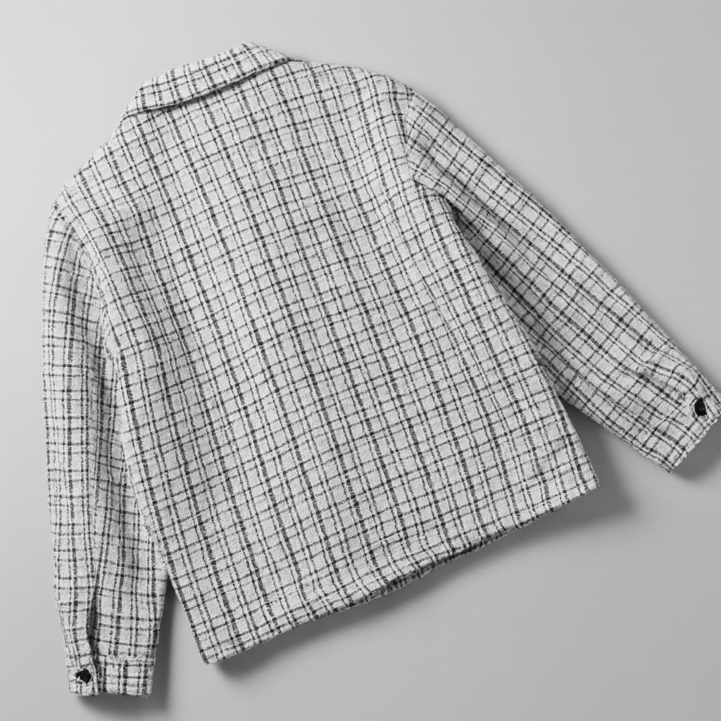 Back view of a men's beige plaid overshirt jacket featuring a relaxed fit, long sleeves, and textured woven plaid pattern.