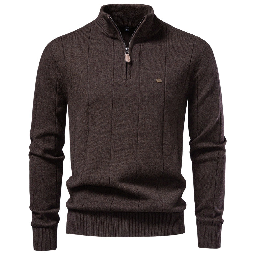 Dark brown stretch cotton quarter-zip sweater featuring vertical knit detailing, a ribbed stand collar, and cuffs.