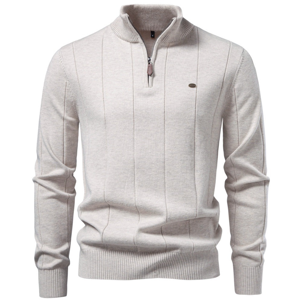 Light gray stretch cotton quarter-zip sweater featuring vertical knit detailing, a ribbed stand collar, and long sleeves.