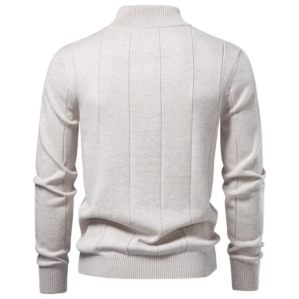 Light gray stretch cotton quarter-zip sweater with vertical knit detailing, a ribbed stand collar, and a structured regular fit.