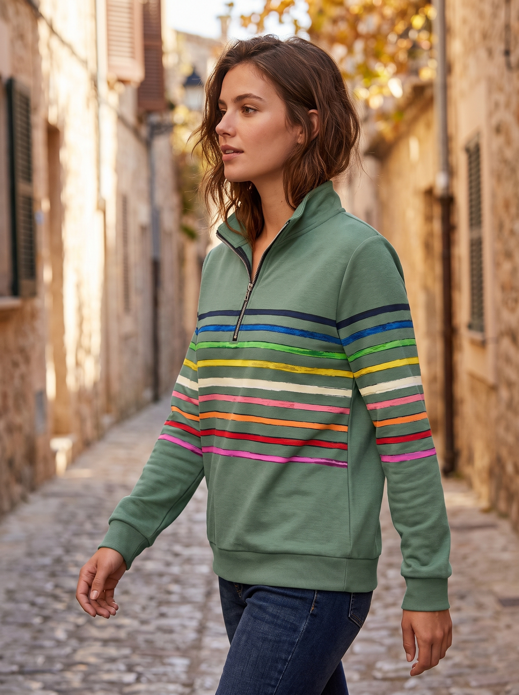 Sage green brushed cotton half-zip sweatshirt featuring a stand collar and multicolored horizontal painted stripes.