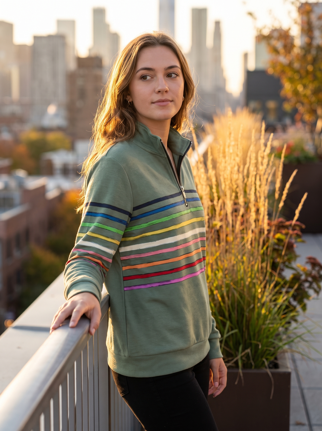 Sage green half-zip sweatshirt in brushed cotton with multicolored horizontal stripes and a stand collar on a city rooftop.