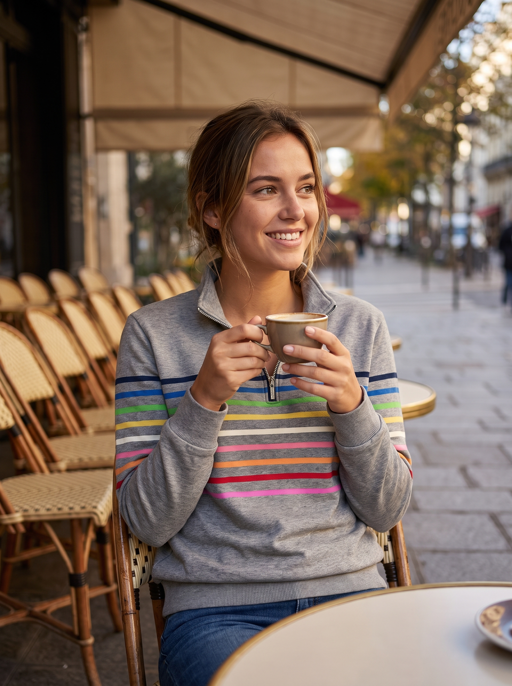 Grey brushed cotton half-zip sweatshirt featuring colorful horizontal stripes and a stand collar, worn at an outdoor cafe.