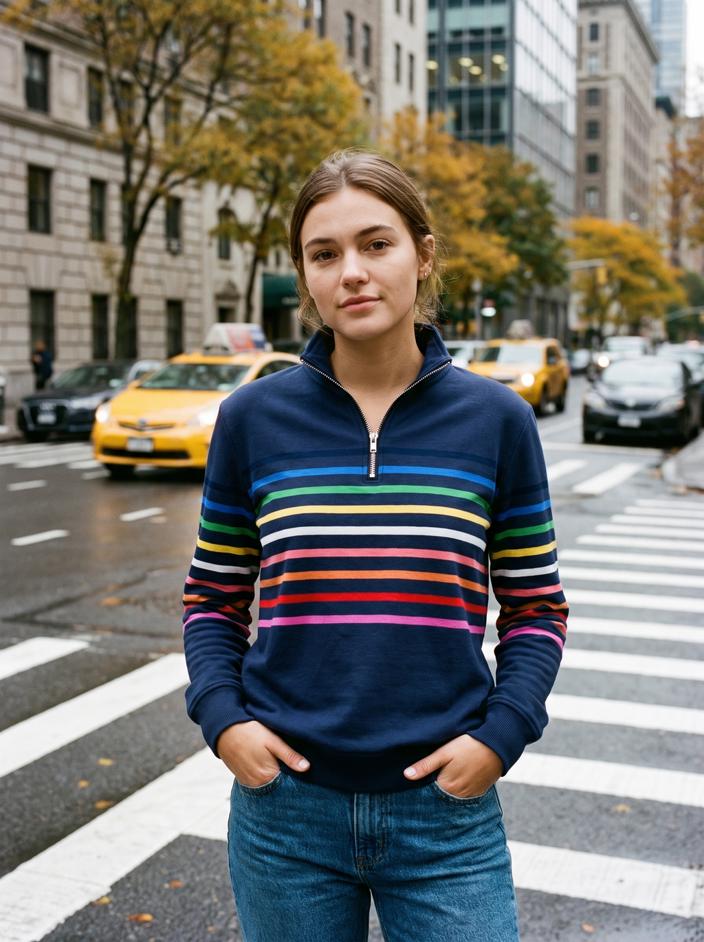 Navy blue half-zip sweatshirt in brushed cotton with a vibrant multi-colored striped chest pattern and stand collar.