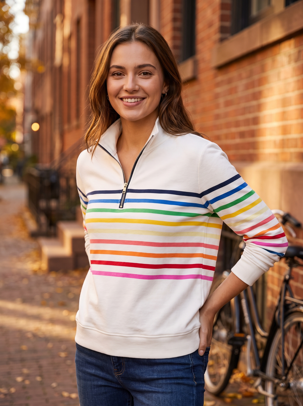 Striped half-zip sweatshirt in brushed cotton with a stand collar and vibrant rainbow stripes on a cream base.
