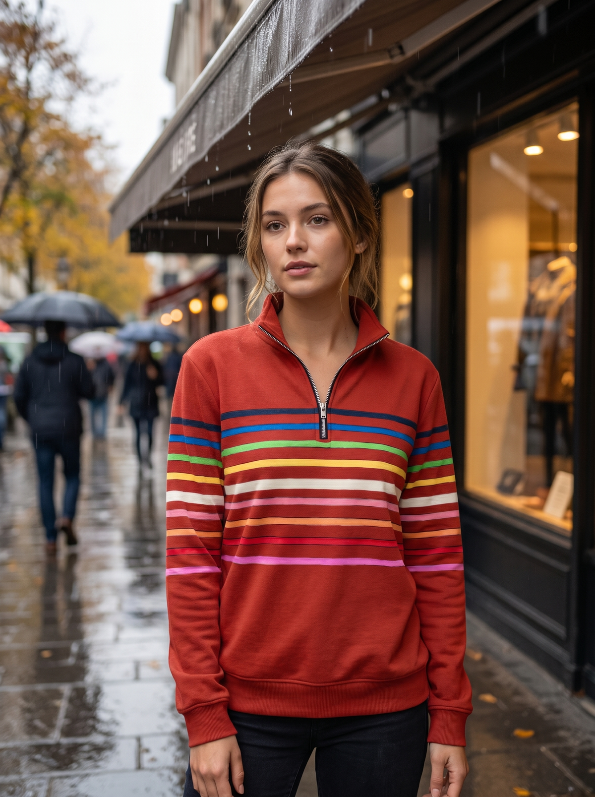 Rust-colored half-zip sweatshirt in brushed cotton blend featuring horizontal multicolored stripes and a stand collar.