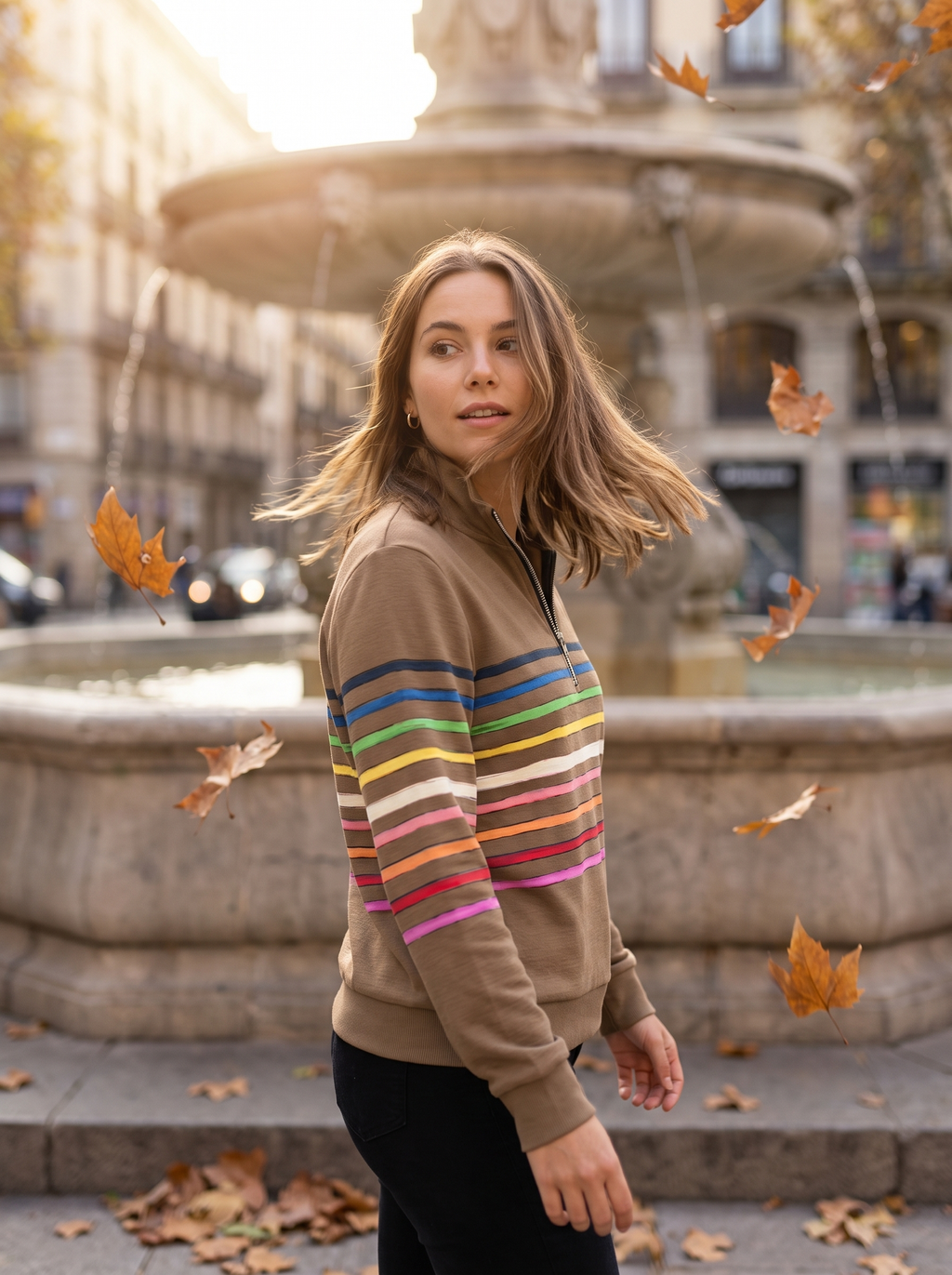 Tan brushed cotton half-zip sweatshirt featuring colorful horizontal stripes and a stand collar, worn outdoors in autumn.