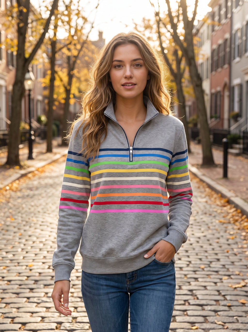 Grey half-zip sweatshirt in brushed cotton featuring horizontal rainbow stripes, a stand collar, and ribbed cuffs.