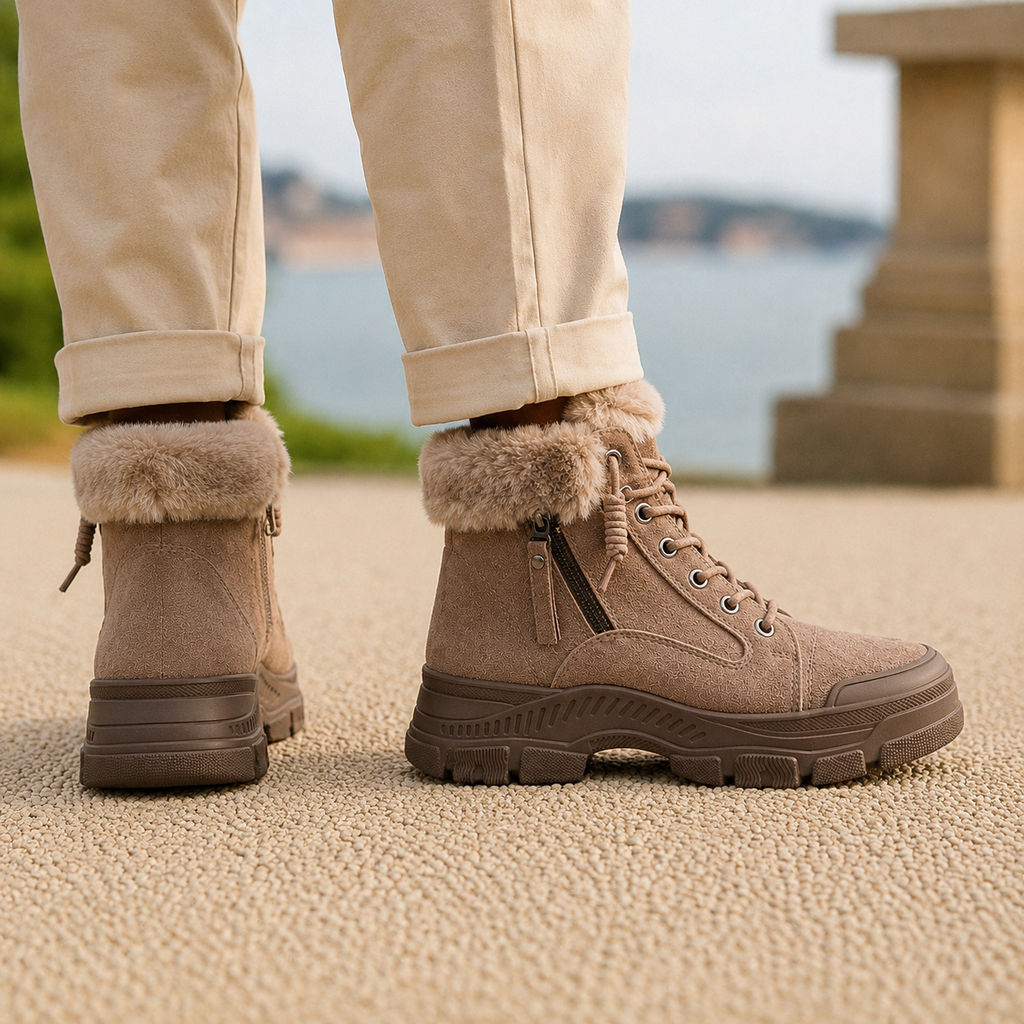 Brown suede ankle boots worn by a person, featuring plush cuffs, side zippers, lace-up closure, and low block heels
