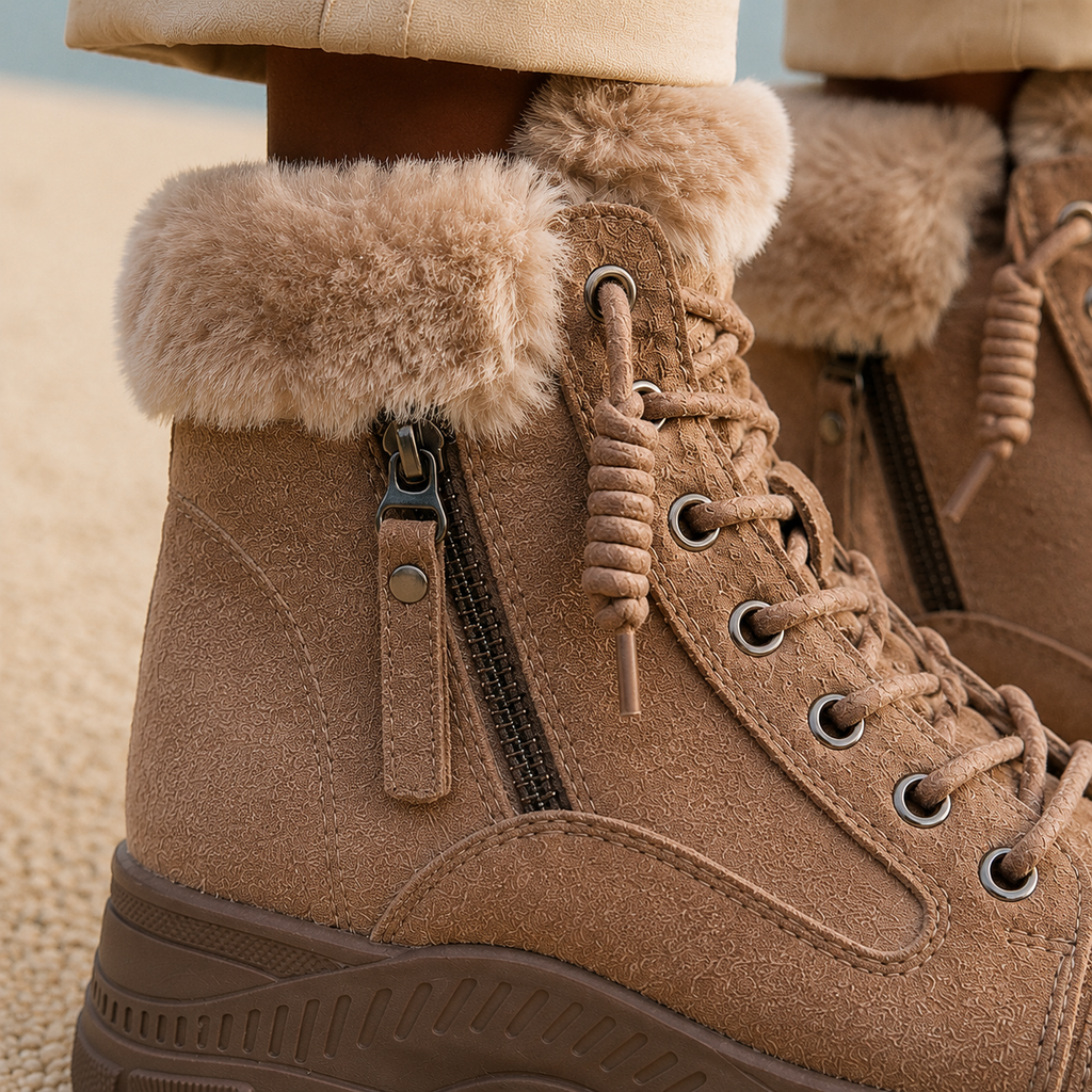 Brown suede ankle boots worn by a person, close-up showing the plush cuff, side zipper, and lace-up closure