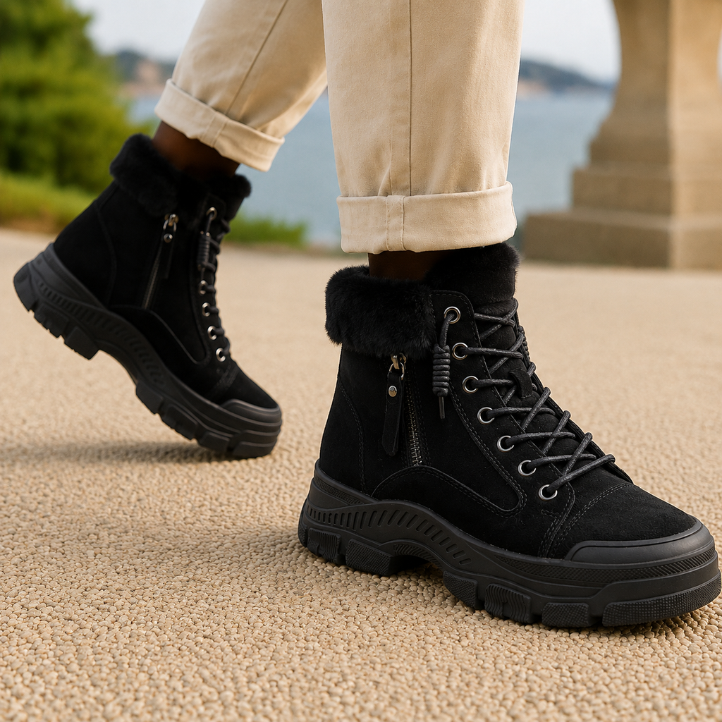 Black suede ankle boots worn by a person, featuring plush cuffs, side zippers, lace-up closure, and low block heels