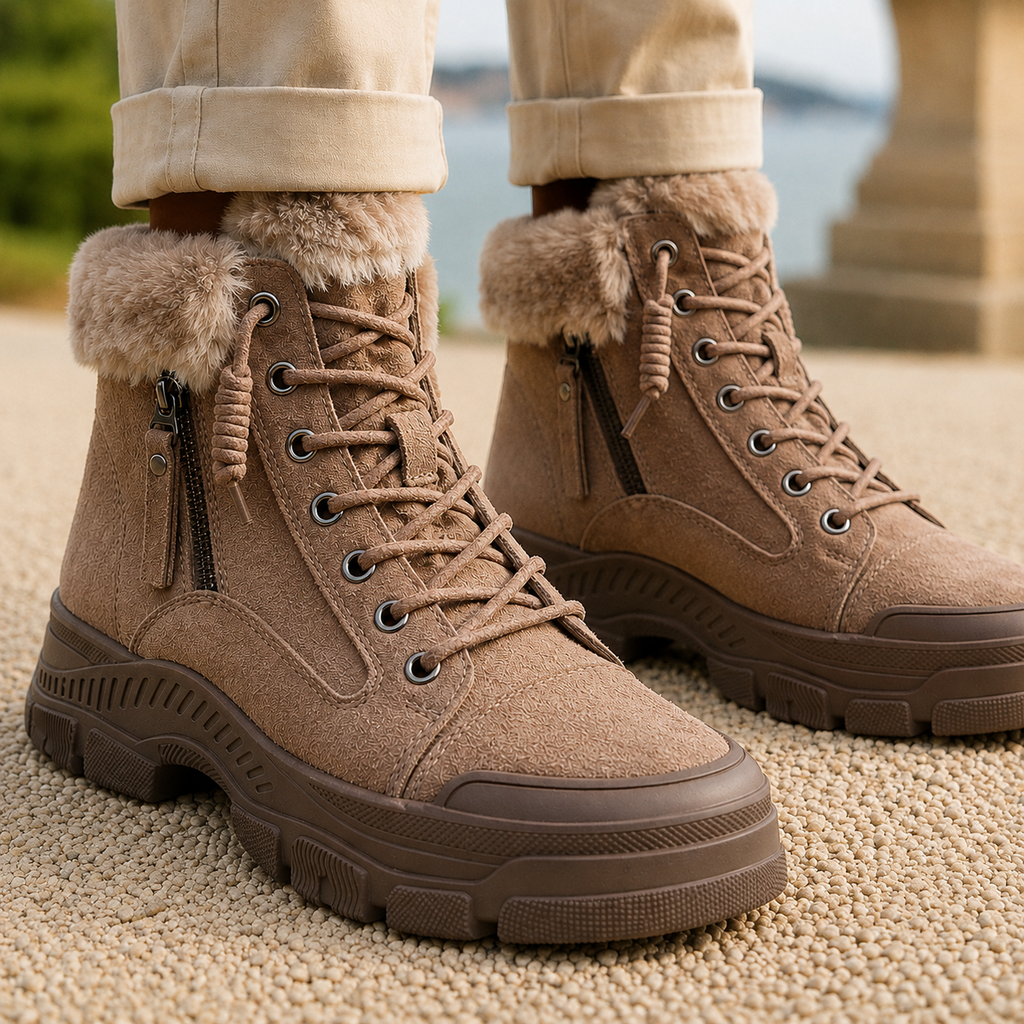Brown suede ankle boots worn by a person, featuring plush cuffs, side zippers, lace-up closure, and low block heels