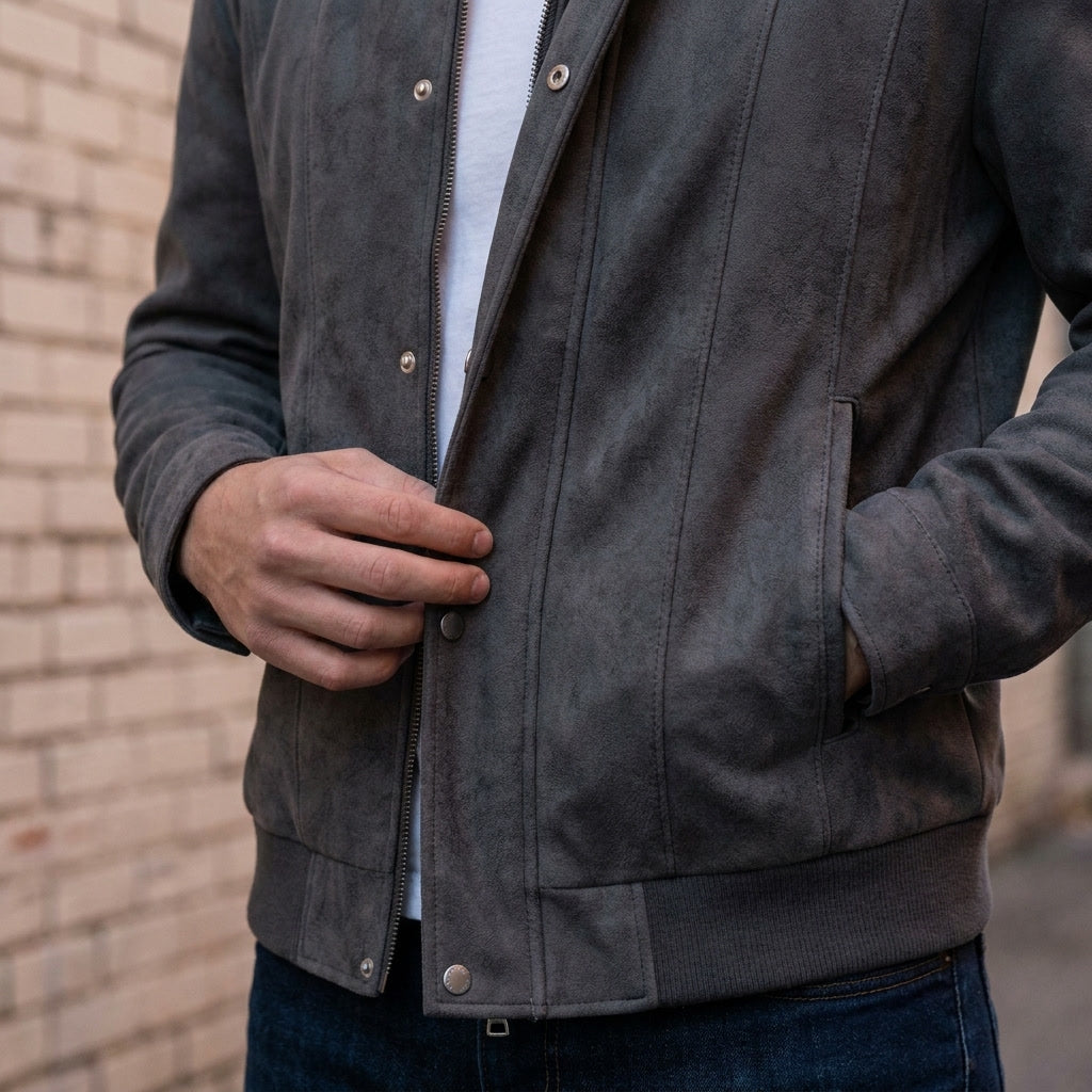 A man wearing a dark gray suede bomber jacket with a full-zip front and ribbed trim