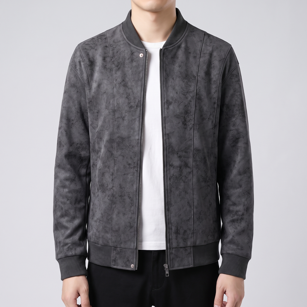 A man wearing a gray suede bomber jacket with a full-zip front and ribbed trim