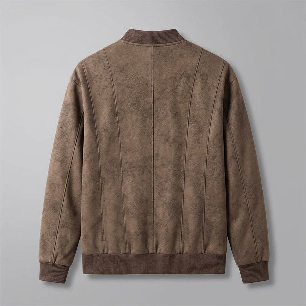 A brown suede bomber jacket with a ribbed collar, cuffs, and hem, shown from the back
