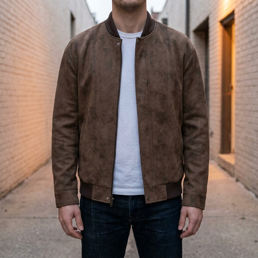A man wearing a brown suede bomber jacket with a full-zip front and ribbed trim, standing outdoors