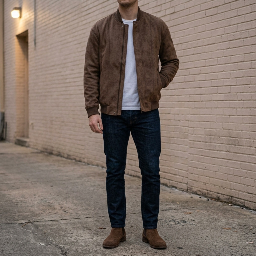 A man wearing a brown suede bomber jacket with a full-zip front and ribbed trim, full-length view