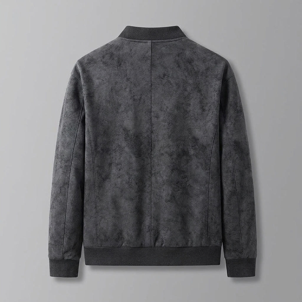 A gray suede bomber jacket with a ribbed collar, cuffs, and hem, shown from the back
