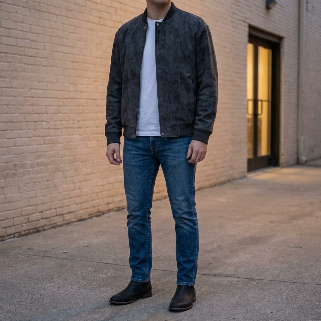 A man wearing a gray suede bomber jacket with a full-zip front and ribbed trim, standing outdoors
