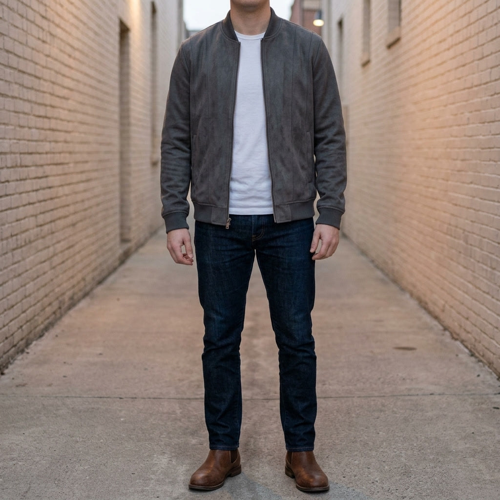 A man wearing a gray suede bomber jacket with a full-zip front and ribbed trim, full-length view