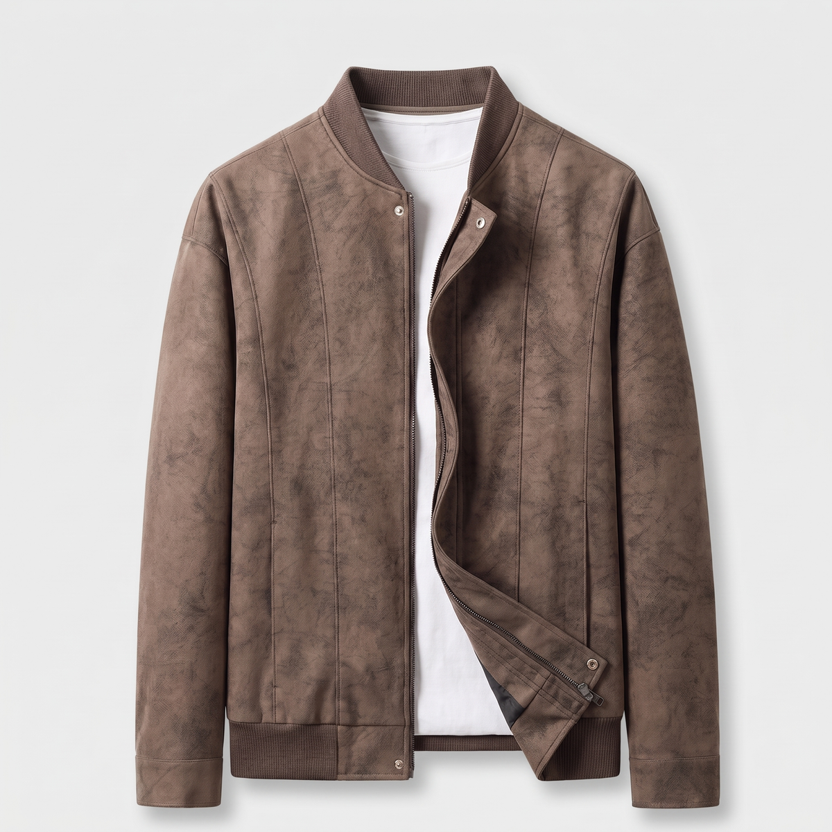 A brown suede bomber jacket with a full-zip front, ribbed trim, and lined interior, shown open
