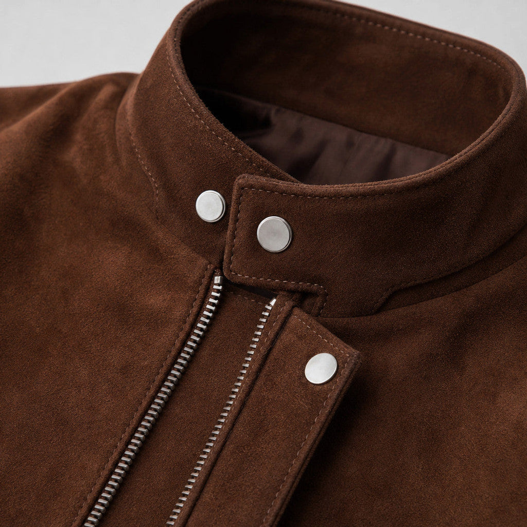A man wearing a brown suede bomber jacket with a full-zip front and snap band collar, standing indoors