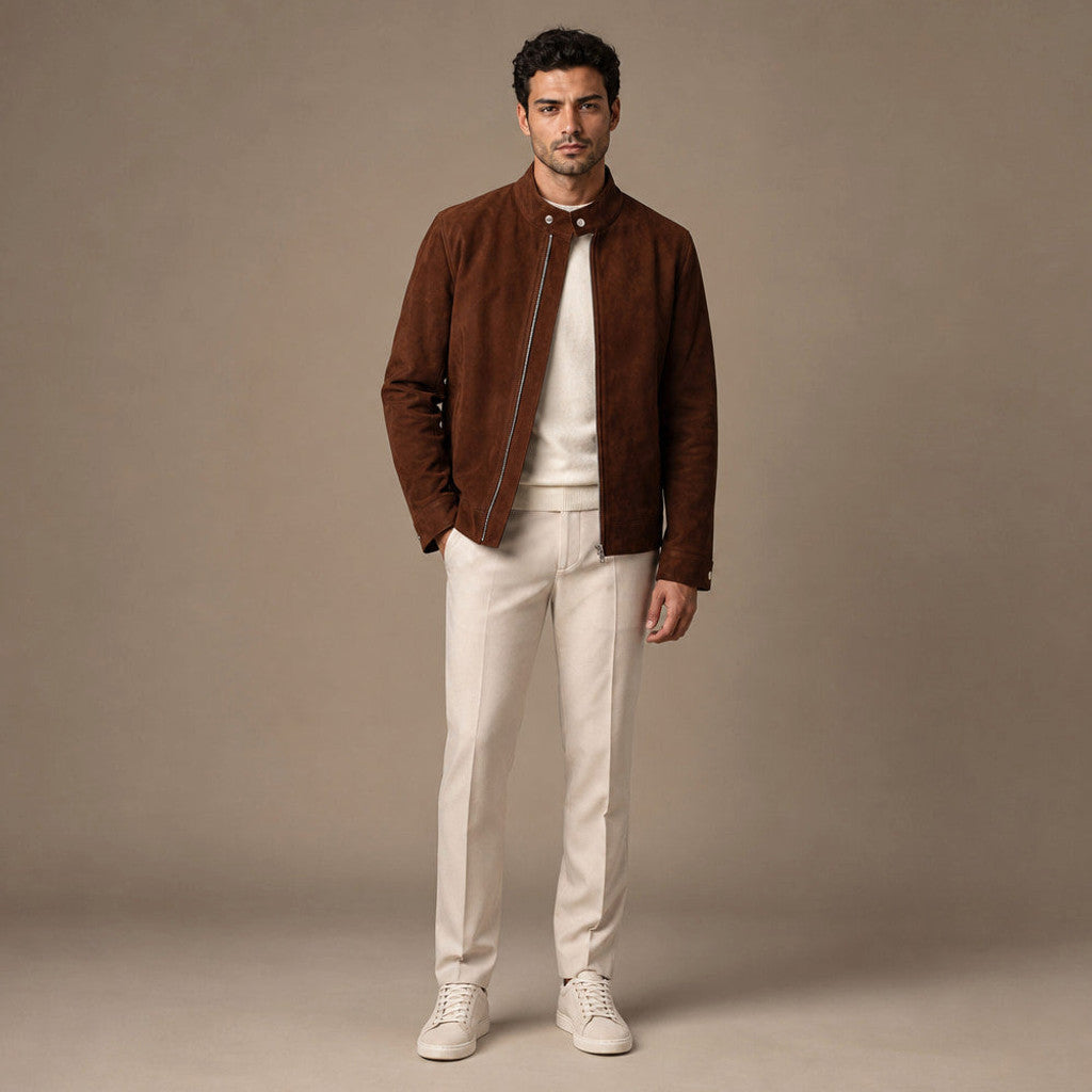 A man wearing a brown suede bomber jacket with a full-zip front and snap band collar, full-length view