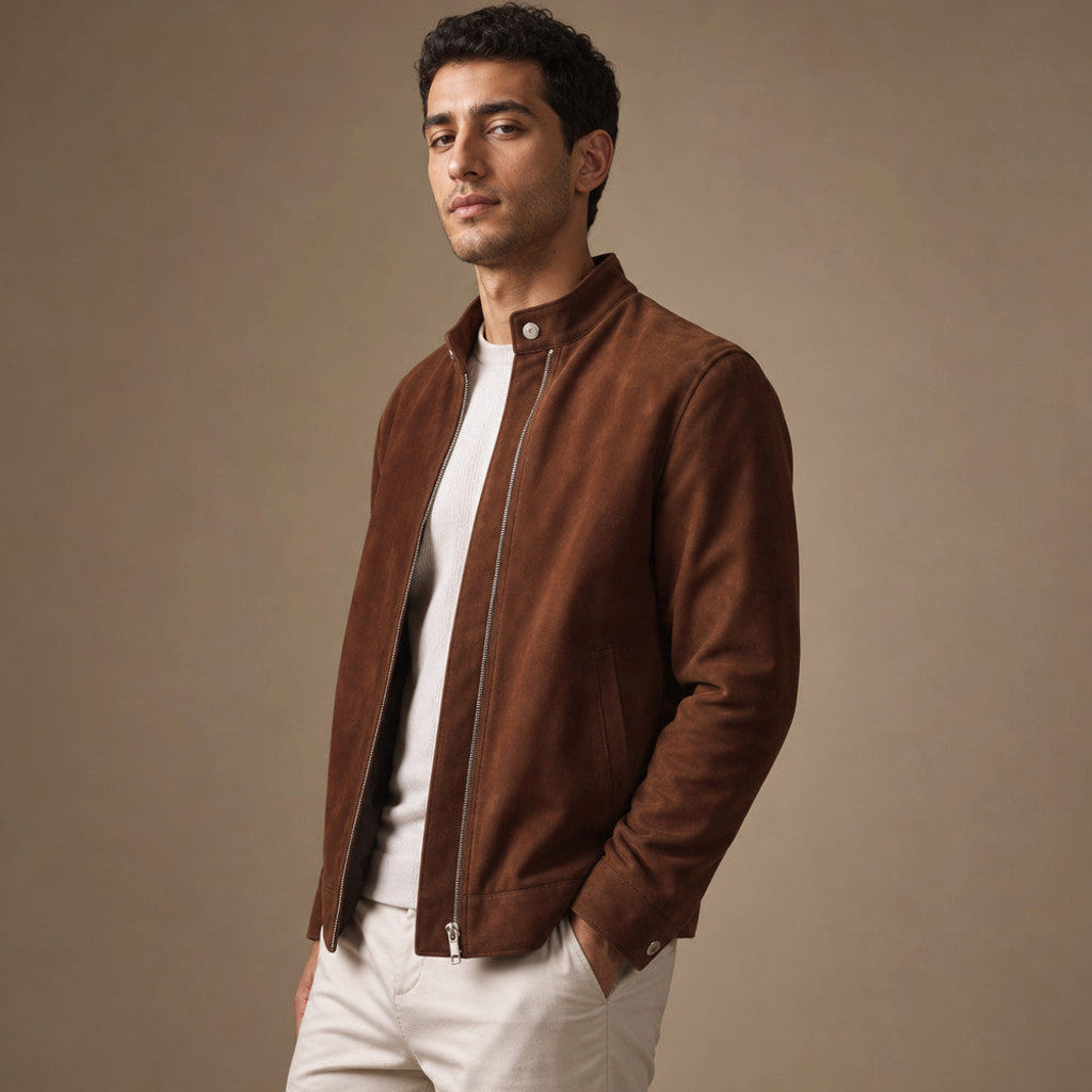 A man wearing a brown suede bomber jacket with a snap band collar, shown in side view