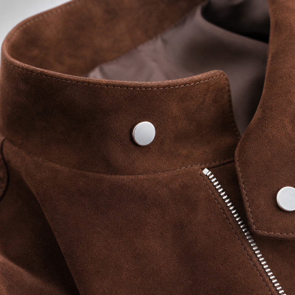Close-up of a brown suede bomber jacket showing the snap band collar and full-zip front