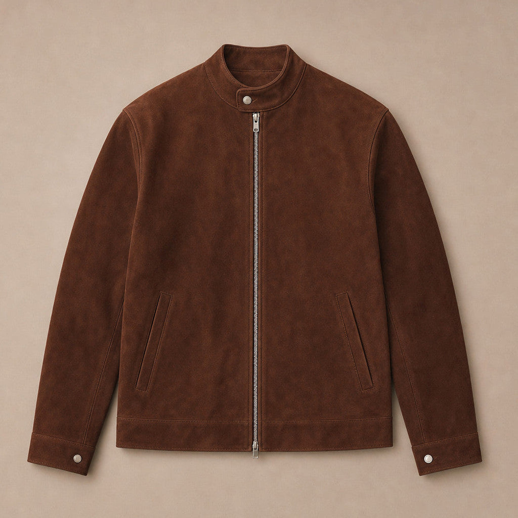A man wearing a brown suede bomber jacket with a full-zip front and snap band collar, standing outdoors
