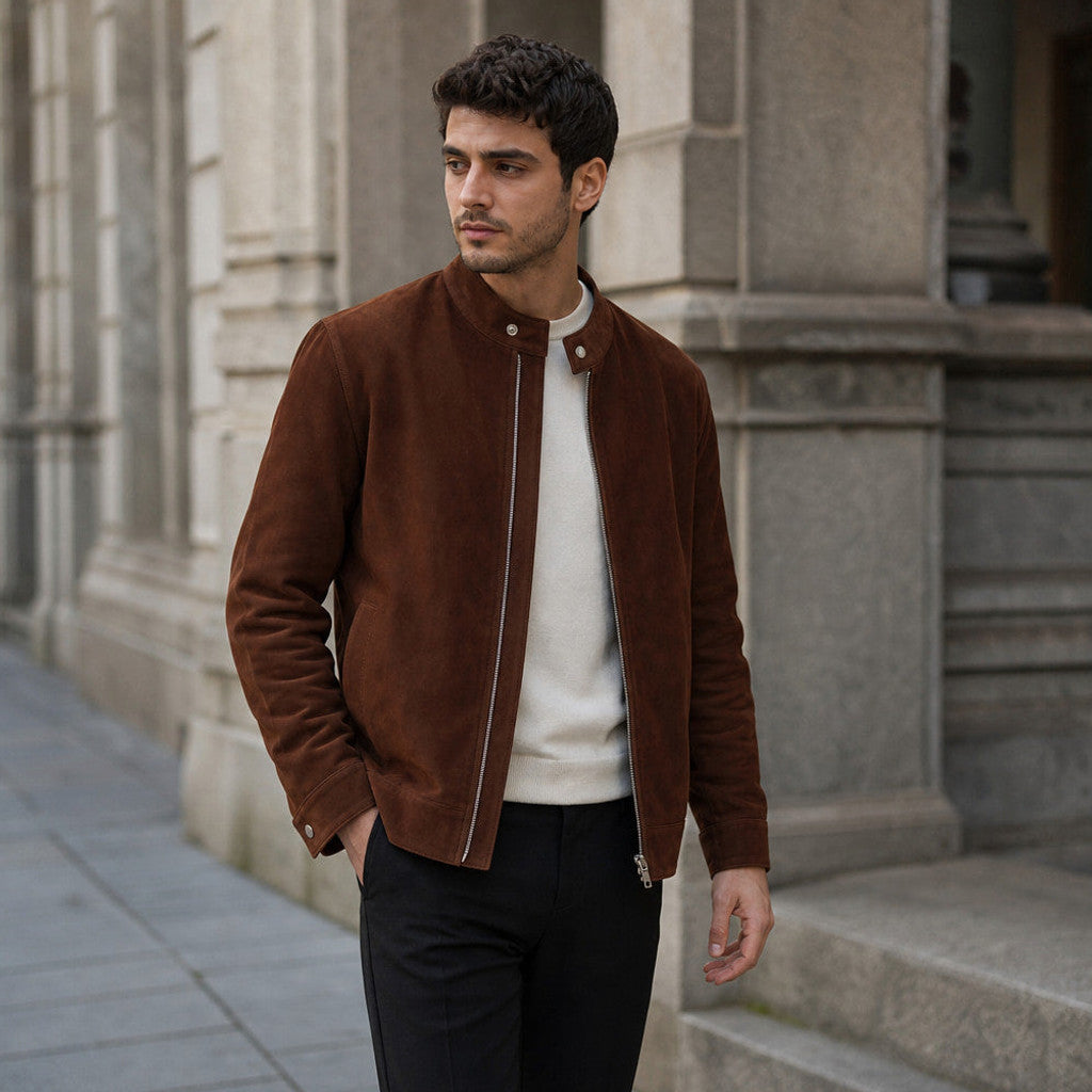 A man wearing a brown suede bomber jacket with a full-zip front and snap band collar, full-length view