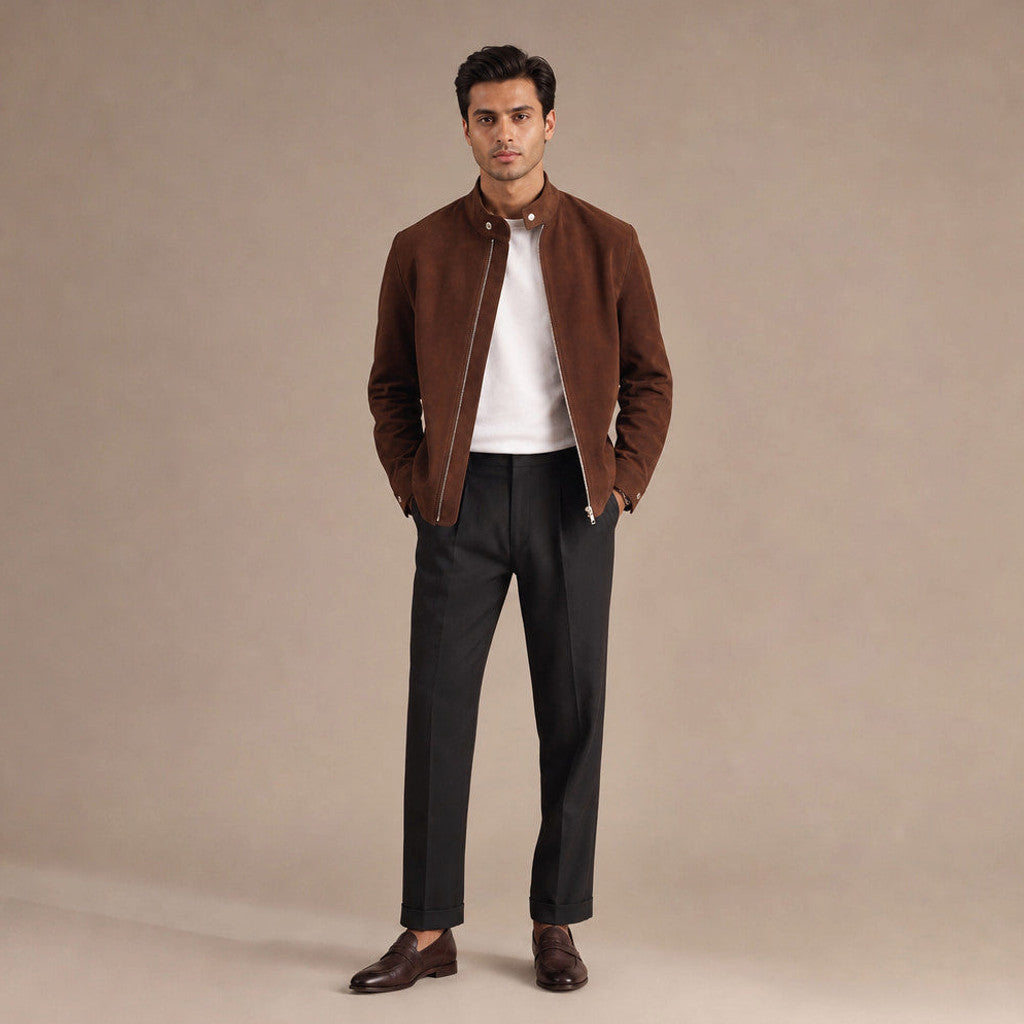 A man wearing a brown suede bomber jacket with a full-zip front and snap band collar, full-length view