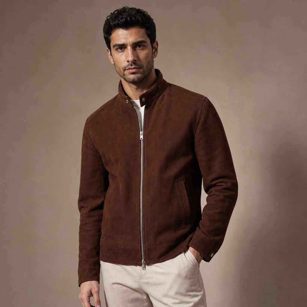 A man wearing a brown suede bomber jacket with a full-zip front, snap band collar, and tailored fit