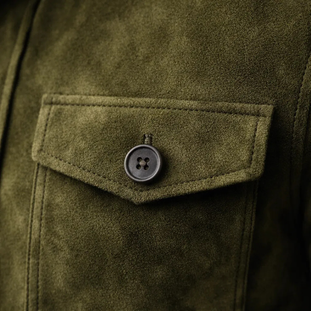 Close-up of an olive green suede jacket showing the textured fabric and buttoned chest pocket