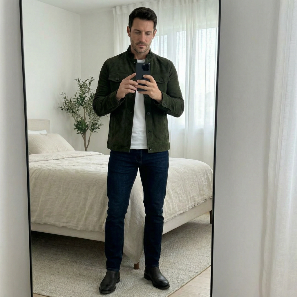 A man wearing an olive green suede jacket with button closure and chest pockets, standing indoors