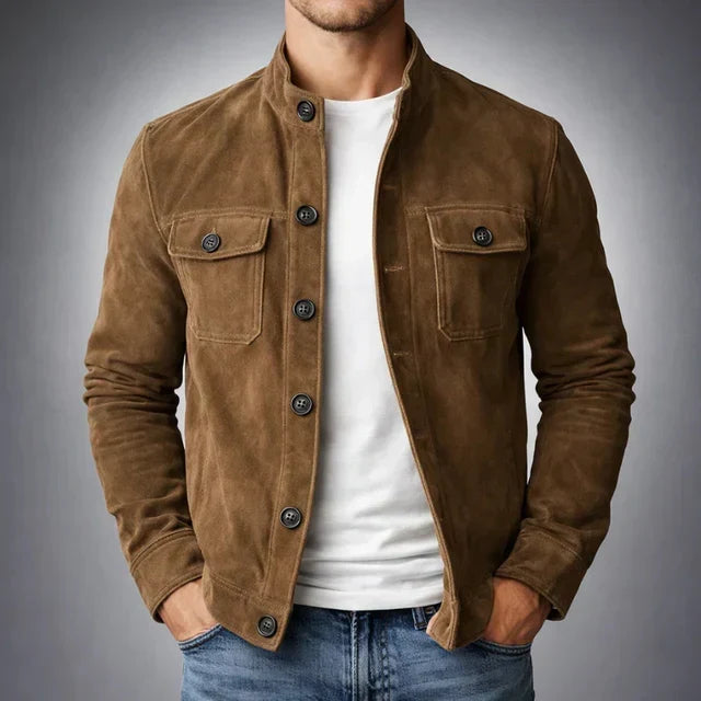 A man wearing a brown soft suede jacket with button closure and chest pockets