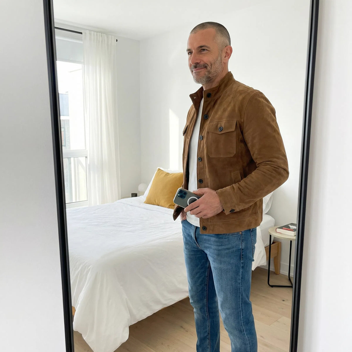 A man wearing a brown suede jacket with button closure and chest pockets, standing indoors